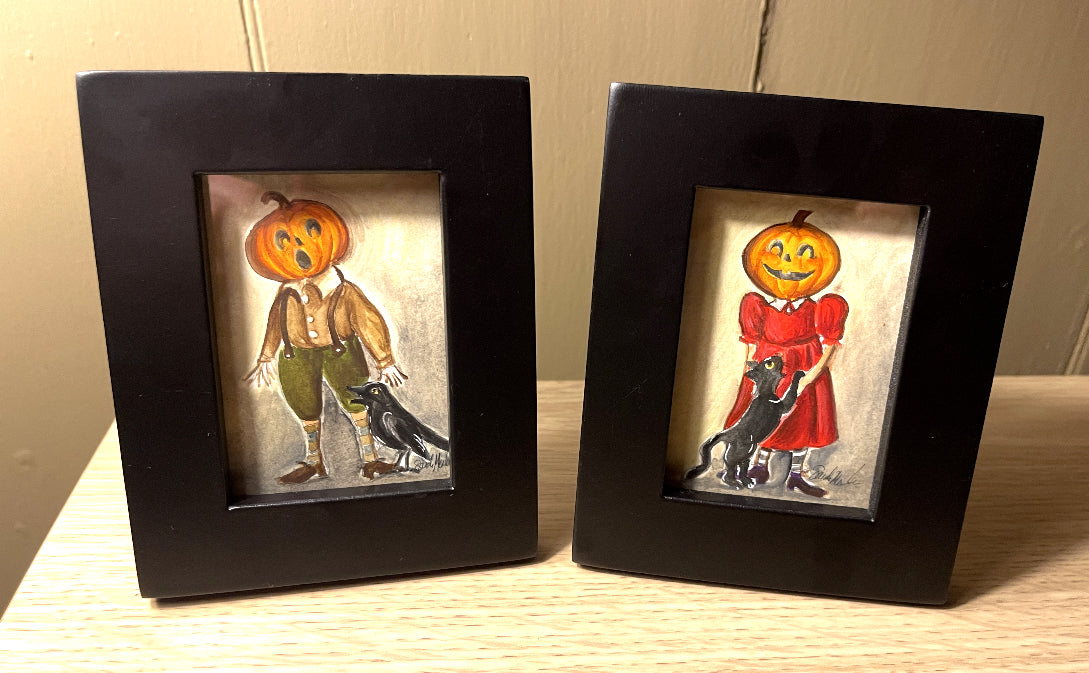 Miniature Watercolor Paintings - Pumpkin Head People - Originals