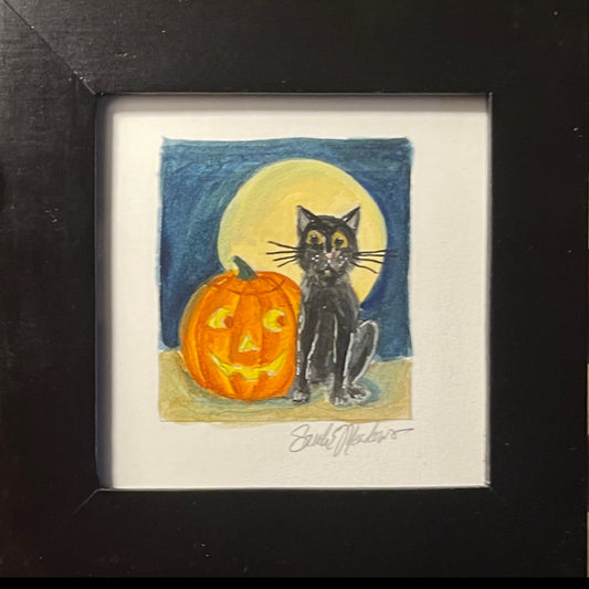 Miniature Watercolor Painting - Black Cat - Original